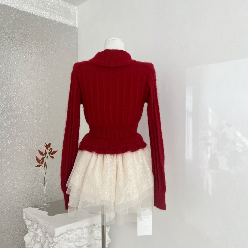 Wool wood ear short skirt lapel sweater a set