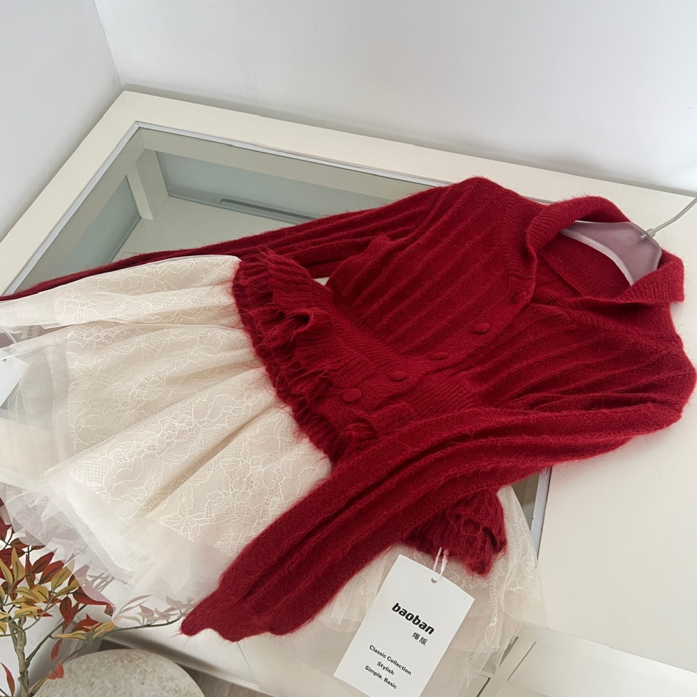 Wool wood ear short skirt lapel sweater a set