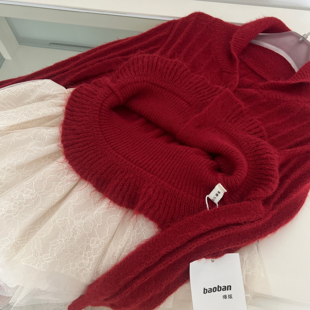 Wool wood ear short skirt lapel sweater a set