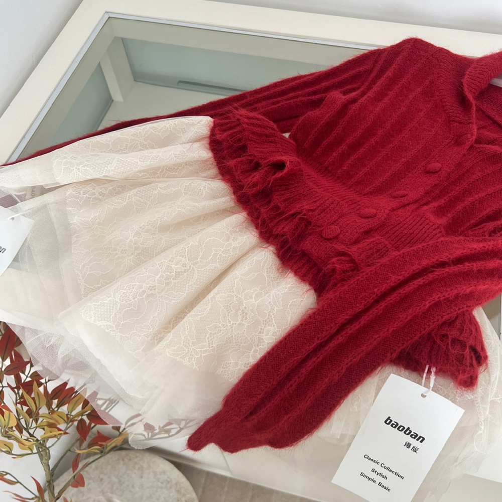 Wool wood ear short skirt lapel sweater a set