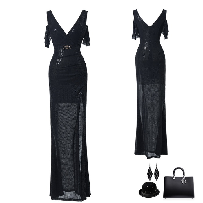 Low-cut sexy ladies overalls high split niche evening dress
