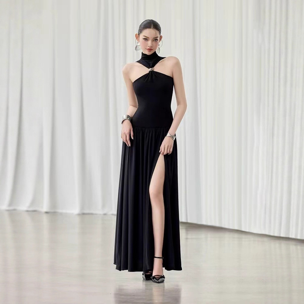 Niche split sexy dress temperament halter long dress