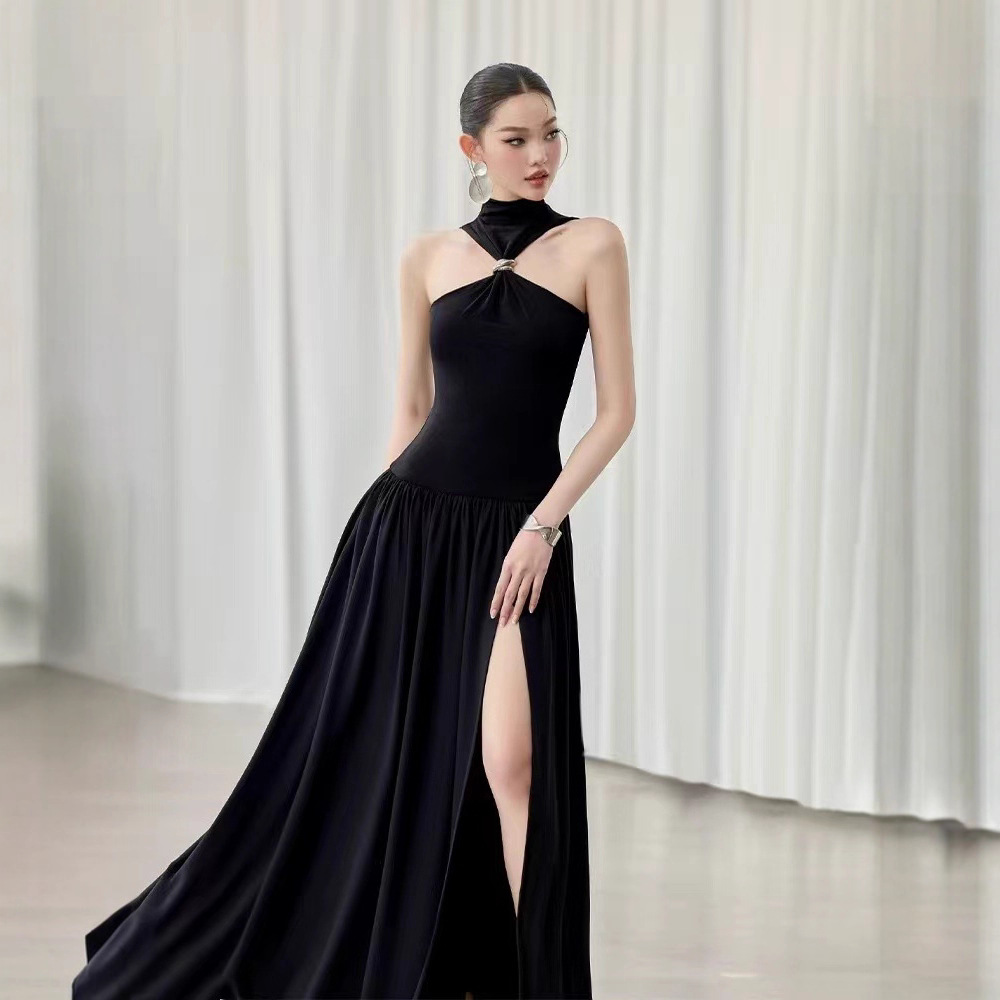 Niche split sexy dress temperament halter long dress