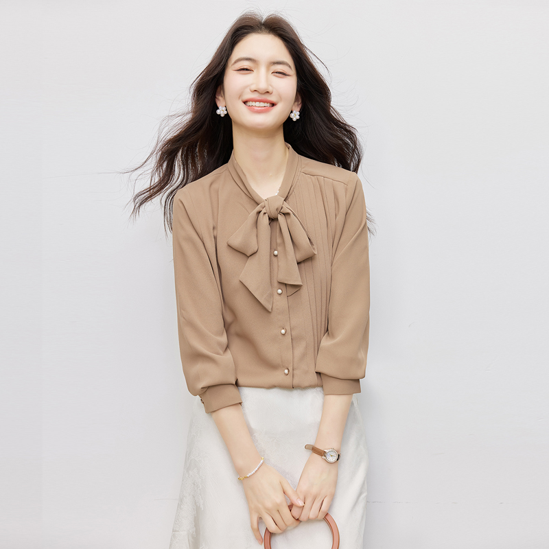 France style chiffon shirt niche streamer collar tops for women