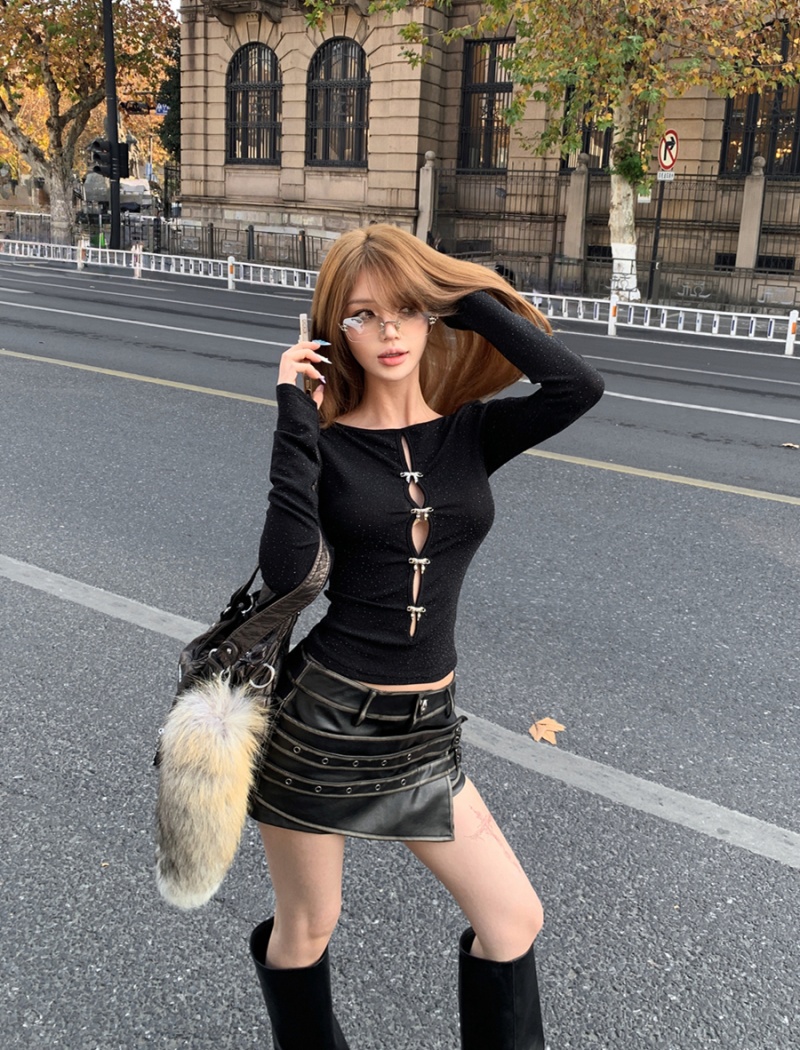 Spring hollow wear T-shirt long sleeve sexy tops for women