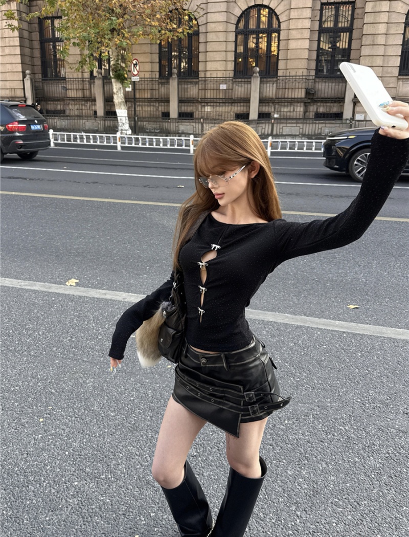 Spring hollow wear T-shirt long sleeve sexy tops for women