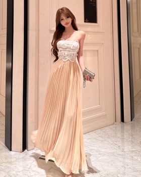 Slim pleated dress pinched waist lace long dress for women
