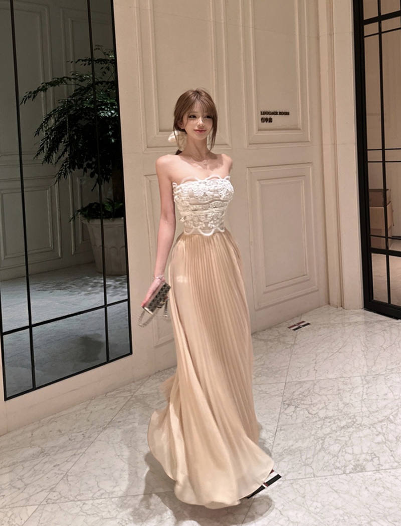 Slim pleated dress pinched waist lace long dress for women