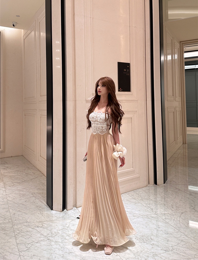 Slim pleated dress pinched waist lace long dress for women