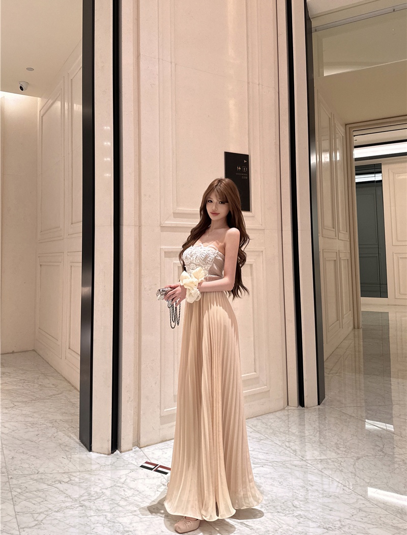 Slim pleated dress pinched waist lace long dress for women