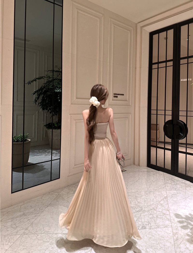 Slim pleated dress pinched waist lace long dress for women