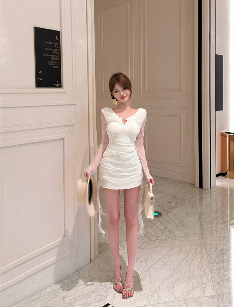 Spring lace sexy T-back slim pinched waist dress for women