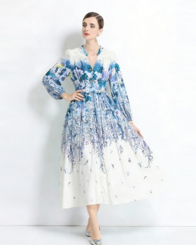 Printing long sleeve V-neck temperament long dress