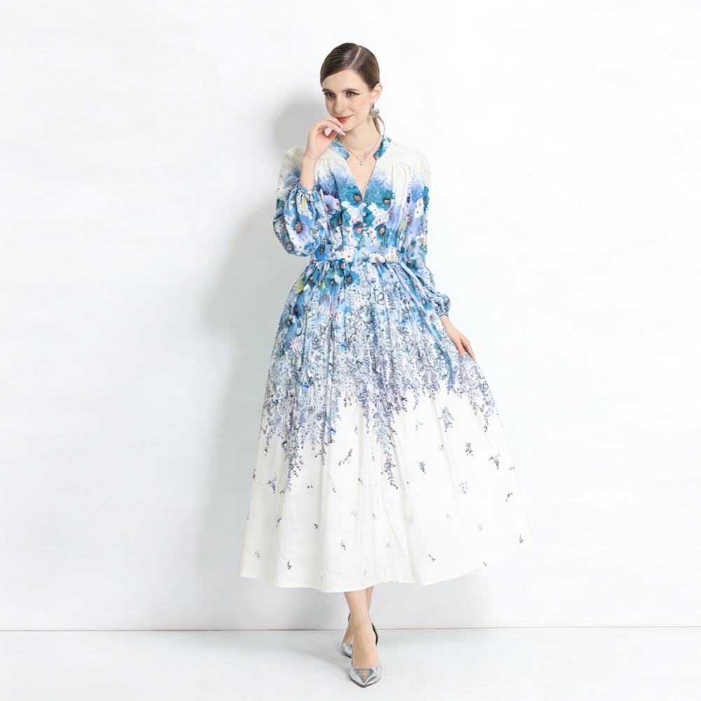 Printing long sleeve V-neck temperament long dress