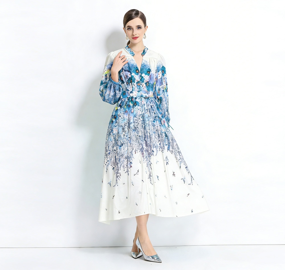 Printing long sleeve V-neck temperament long dress