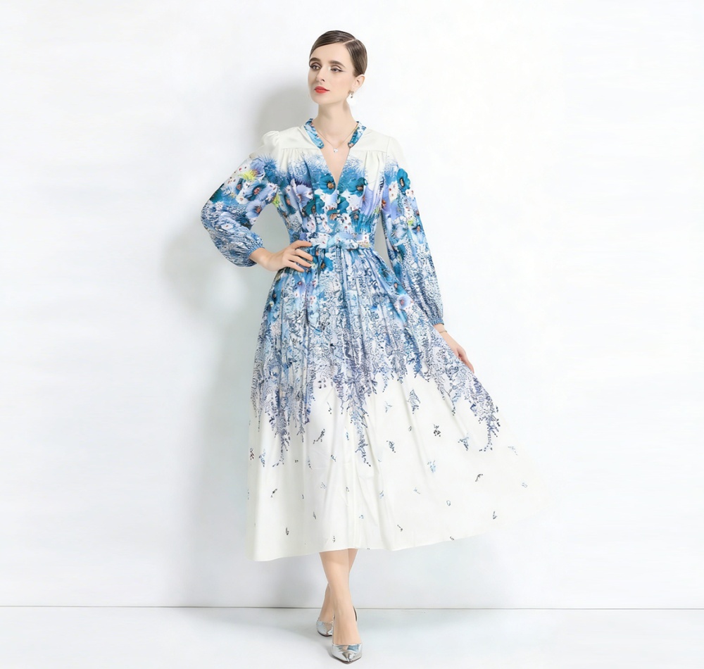 Printing long sleeve V-neck temperament long dress