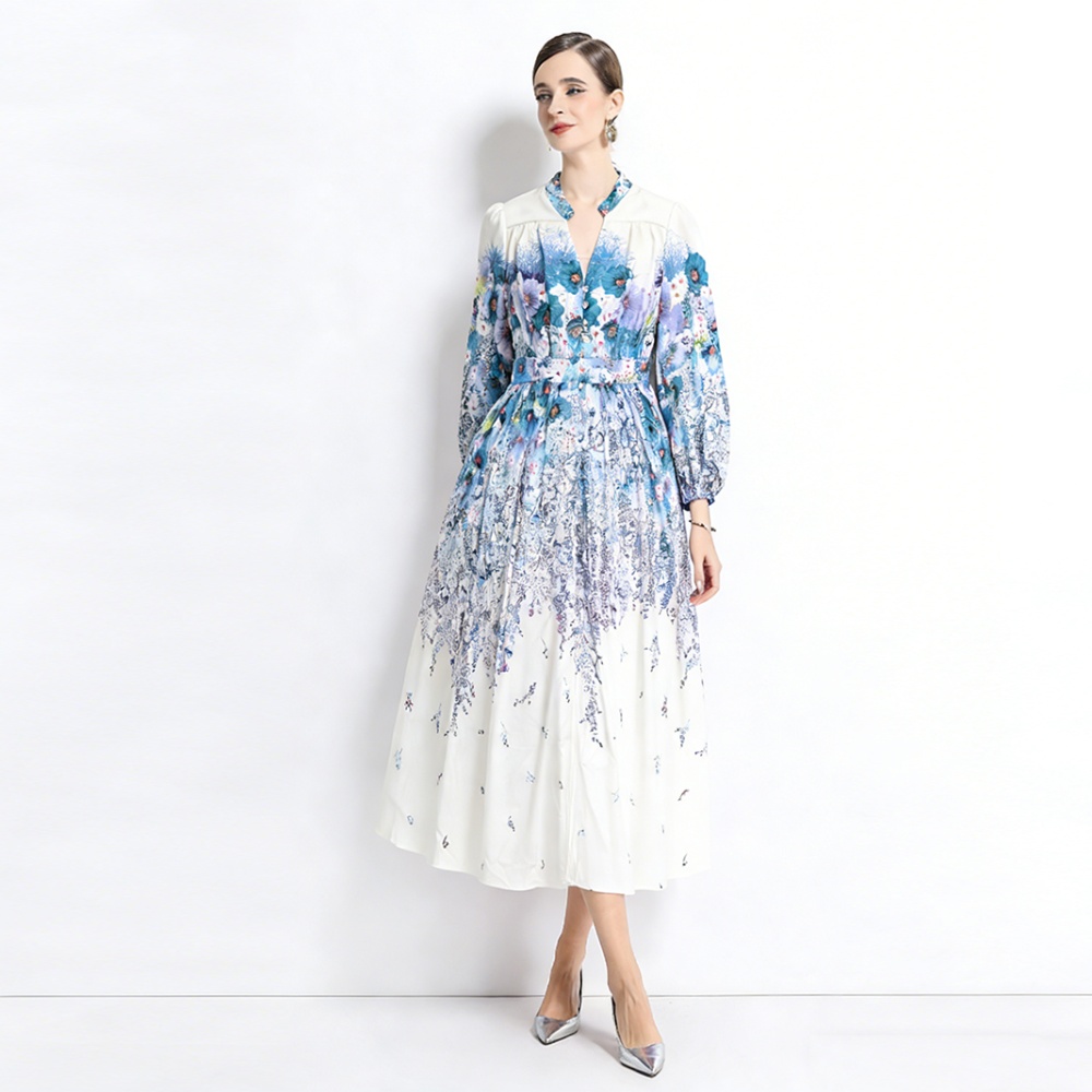 Printing long sleeve V-neck temperament long dress