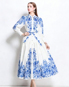 Cotton linen lantern sleeve long dress retro lapel dress