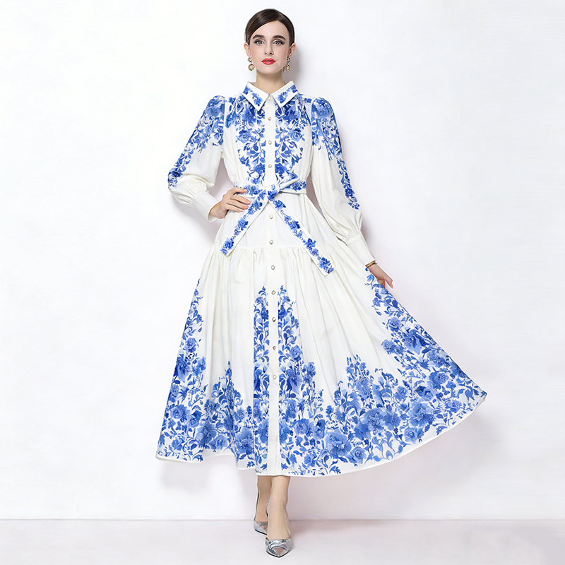 Cotton linen lantern sleeve long dress retro lapel dress