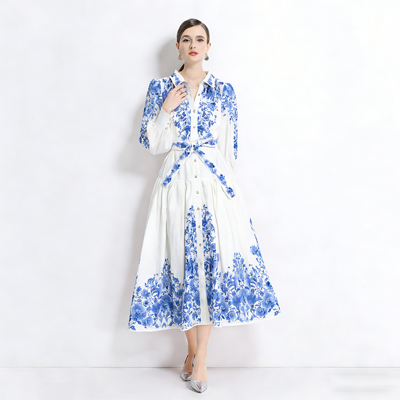 Cotton linen lantern sleeve long dress retro lapel dress