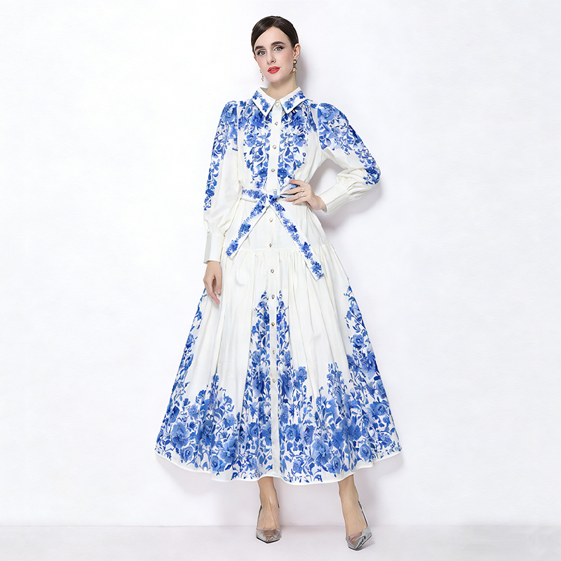 Cotton linen lantern sleeve long dress retro lapel dress