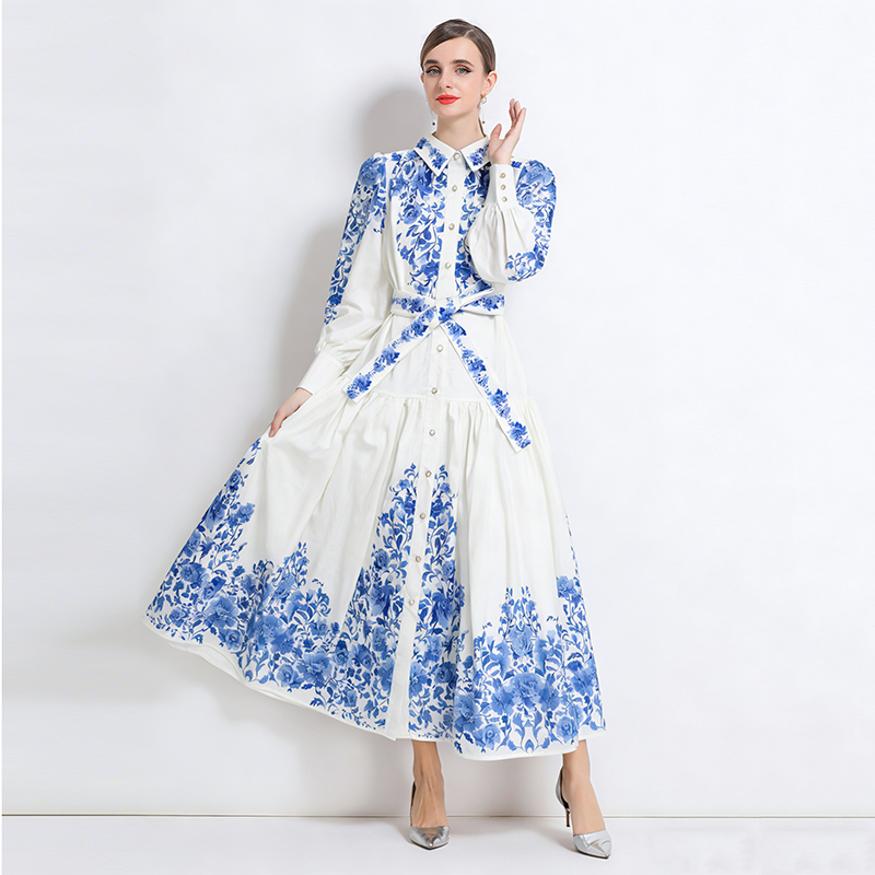 Cotton linen lantern sleeve long dress retro lapel dress