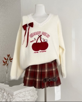 Maiden cherry coat V-neck skirt 2pcs set for women