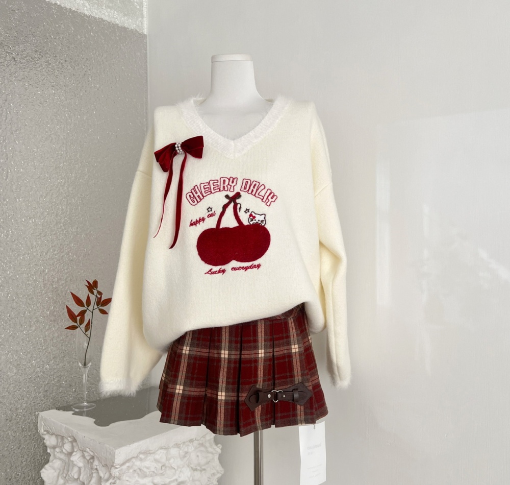 Maiden cherry coat V-neck skirt 2pcs set for women