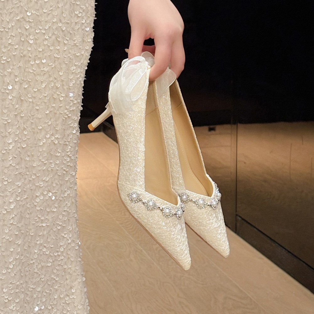 High-heeled bow shoes pointed wedding shoes for women