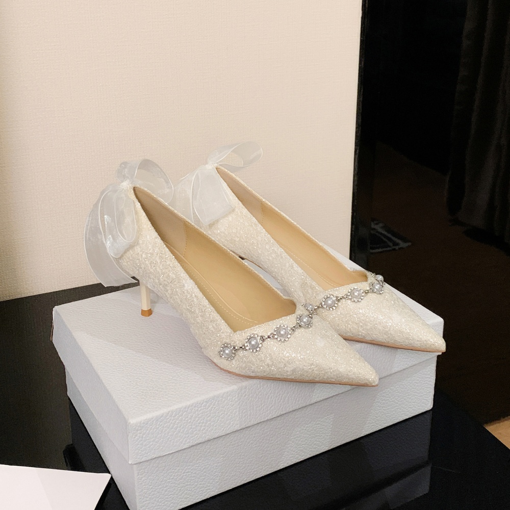 High-heeled bow shoes pointed wedding shoes for women