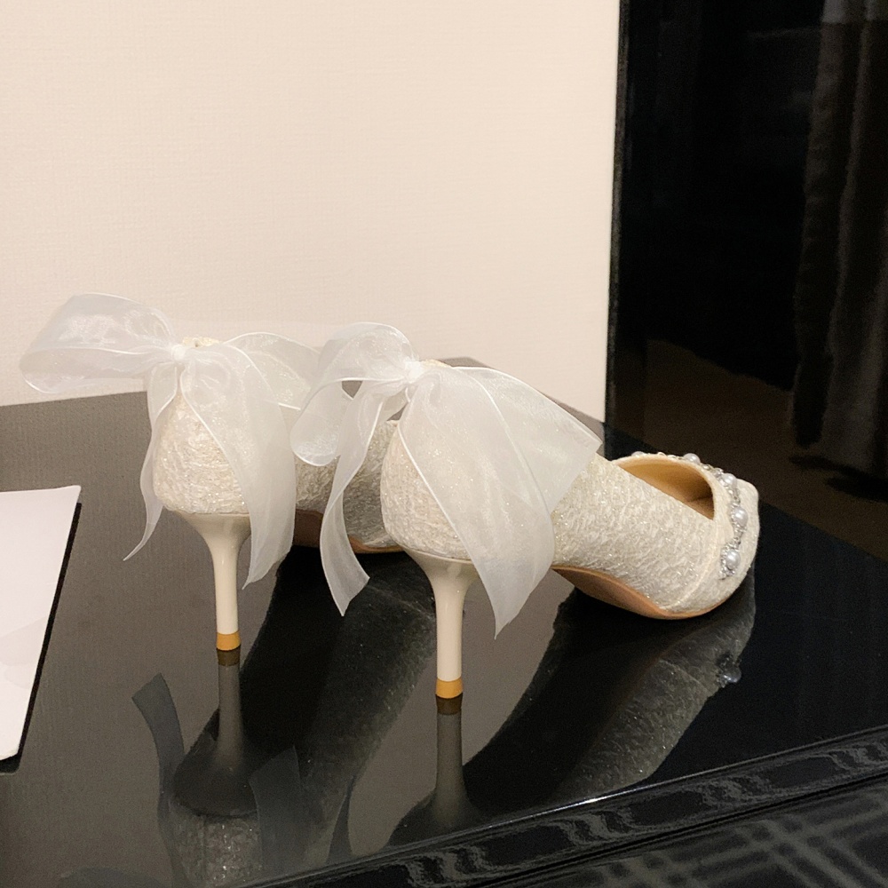 High-heeled bow shoes pointed wedding shoes for women