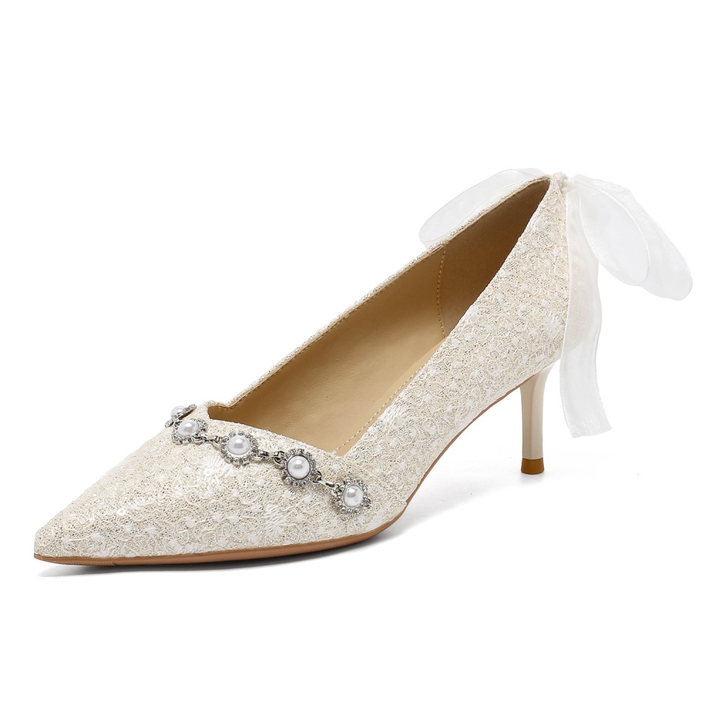 High-heeled bow shoes pointed wedding shoes for women