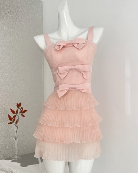 Bow pleated gauze lace sweet white panda dress