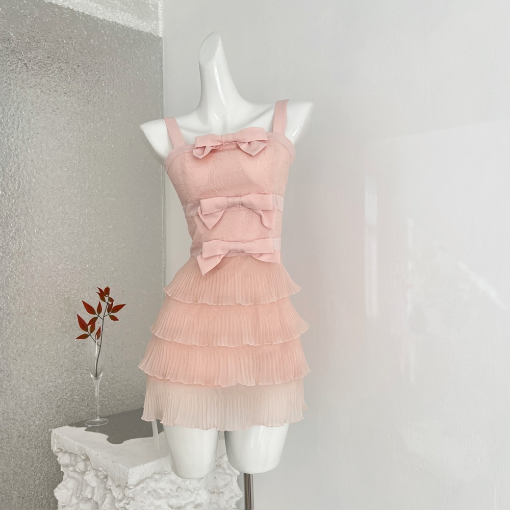 Bow pleated gauze lace sweet white panda dress