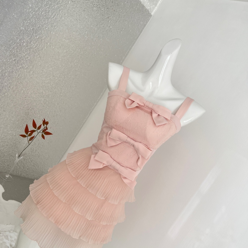 Bow pleated gauze lace sweet white panda dress