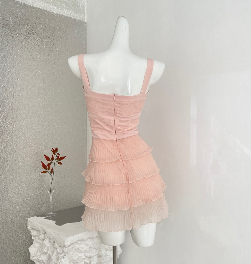 Bow pleated gauze lace sweet white panda dress