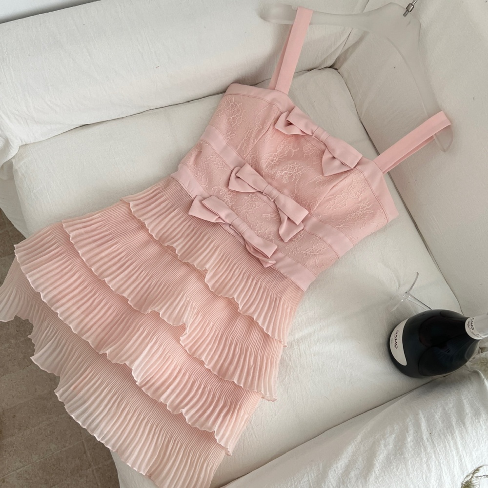 Bow pleated gauze lace sweet white panda dress