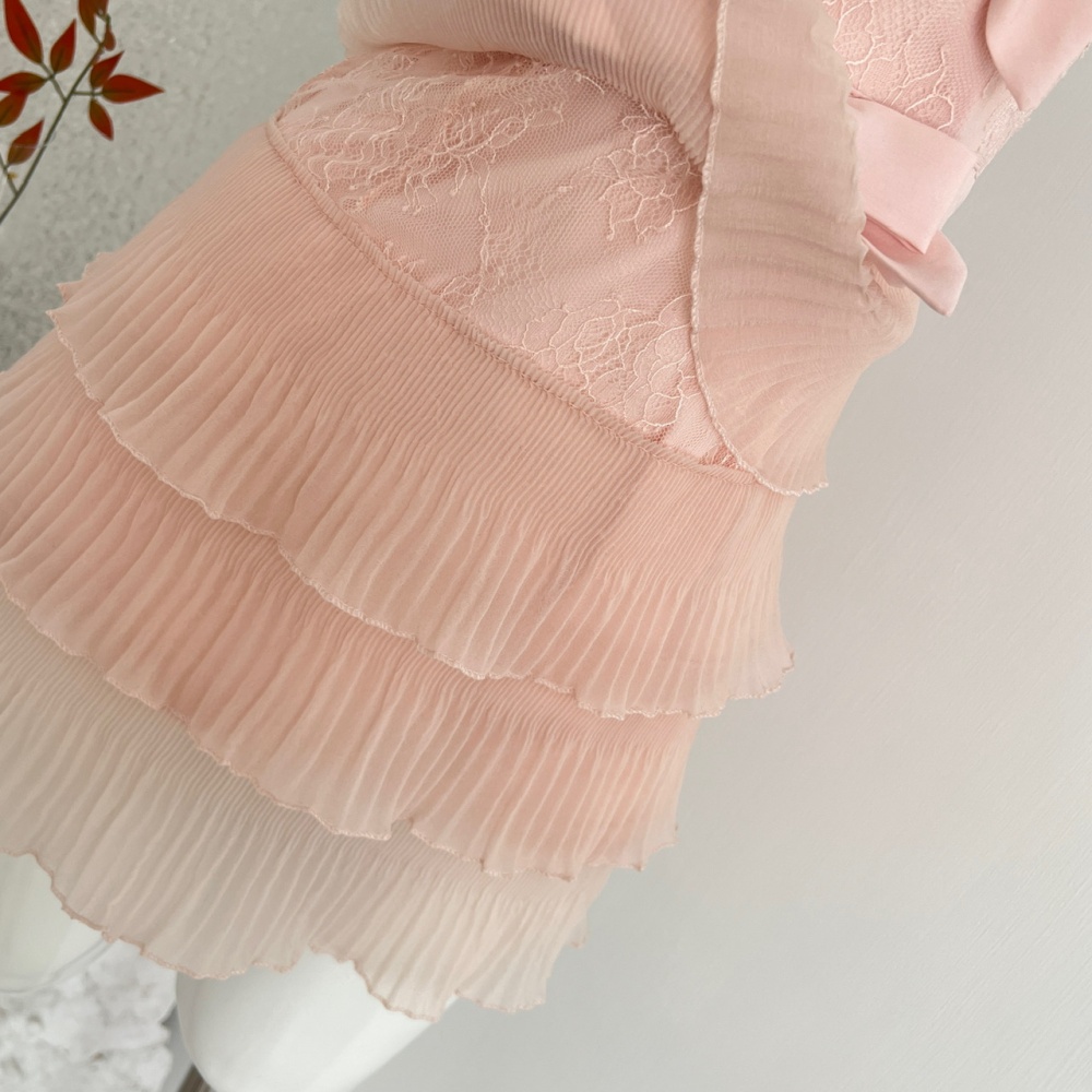 Bow pleated gauze lace sweet white panda dress