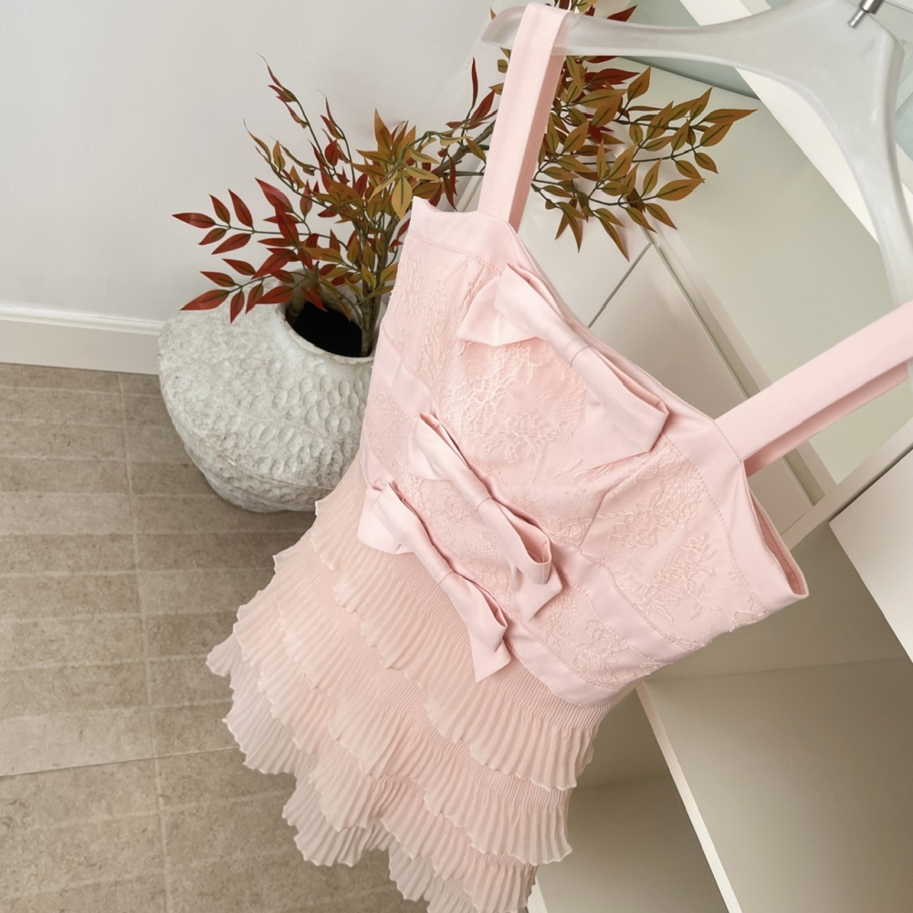 Bow pleated gauze lace sweet white panda dress