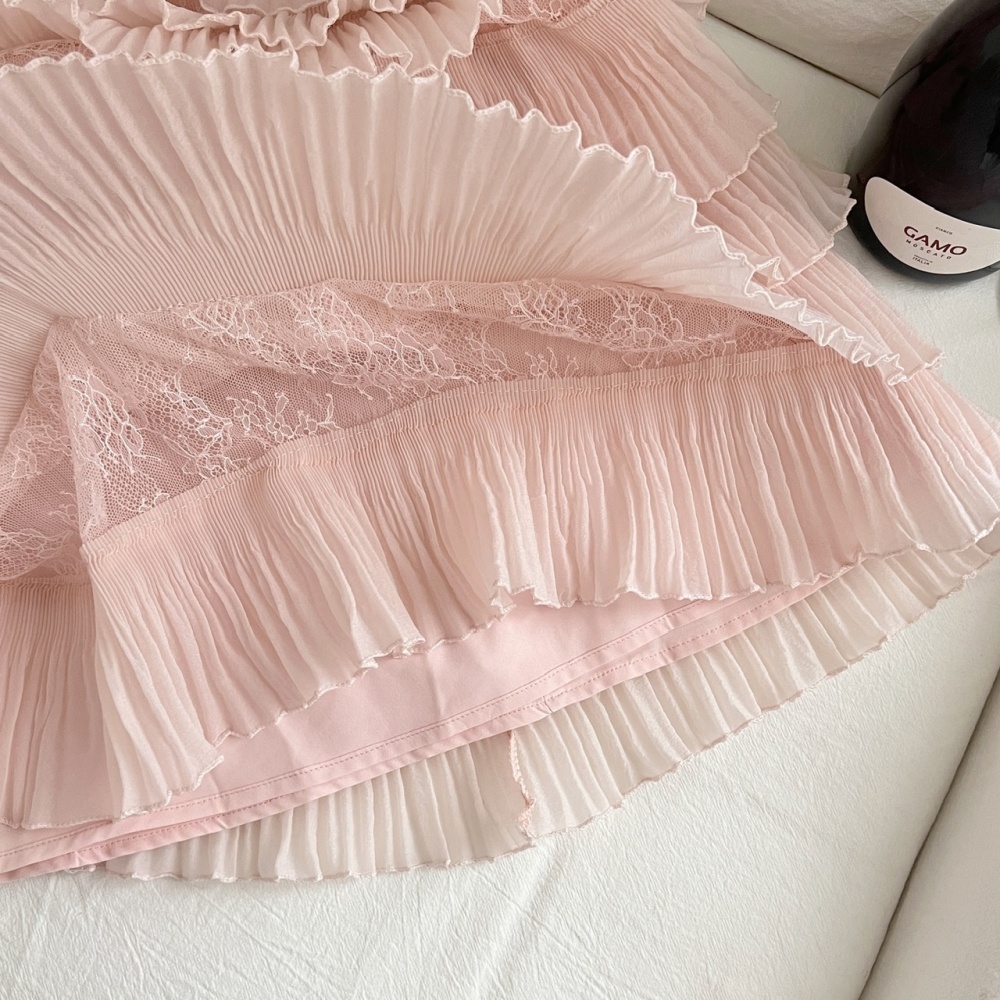 Bow pleated gauze lace sweet white panda dress