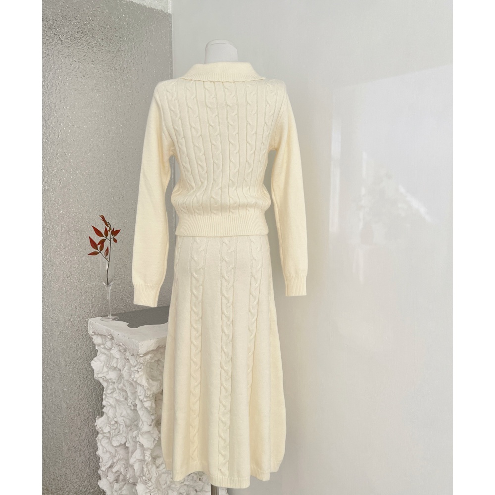 Knitted twist tops lapel temperament long skirt a set