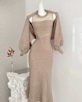 Knitted sleeveless vest frenum smock 2pcs set