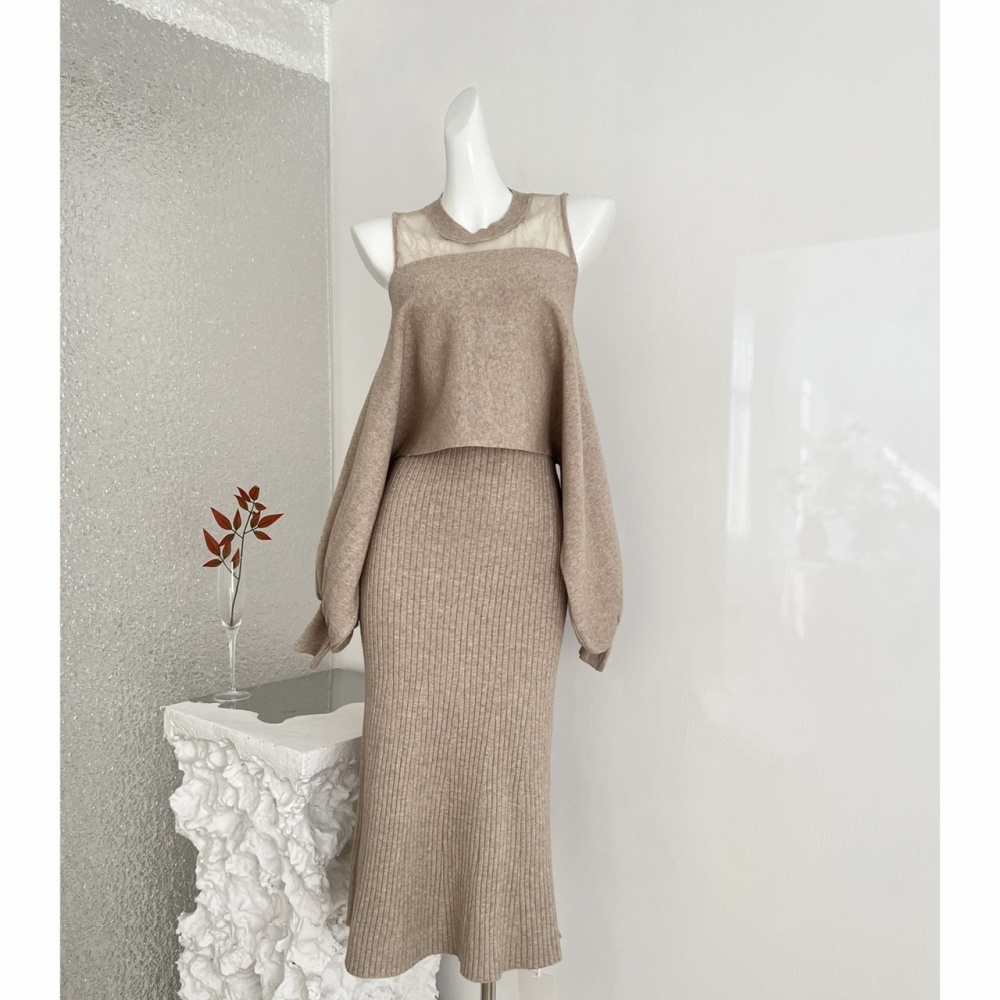 Knitted sleeveless vest frenum smock 2pcs set