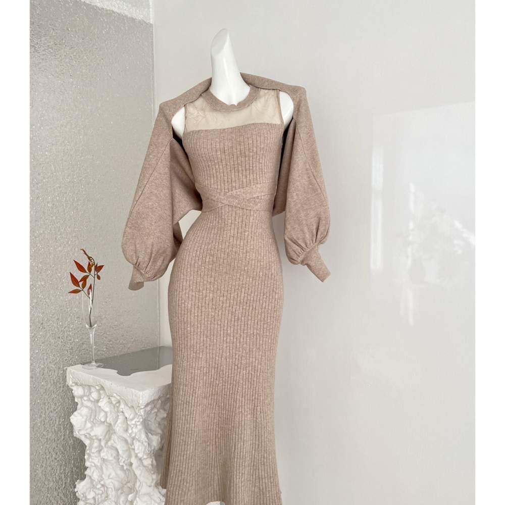 Knitted sleeveless vest frenum smock 2pcs set