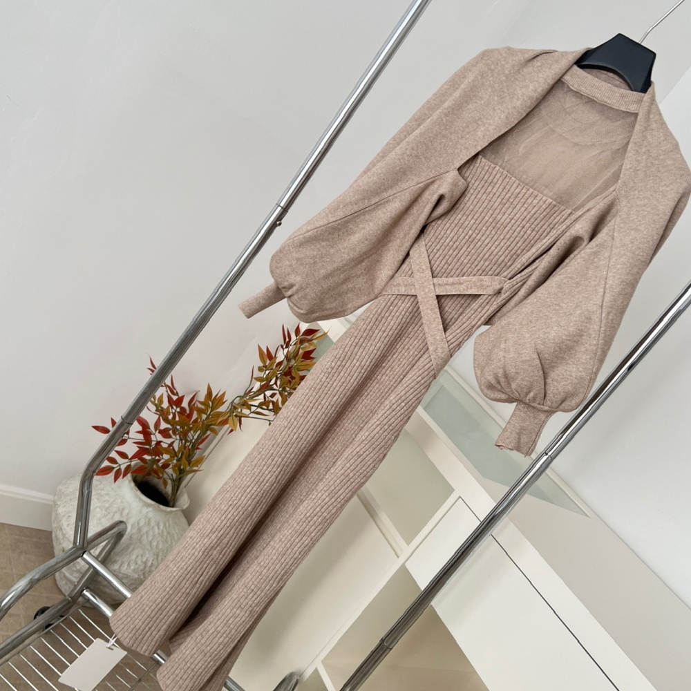 Knitted sleeveless vest frenum smock 2pcs set