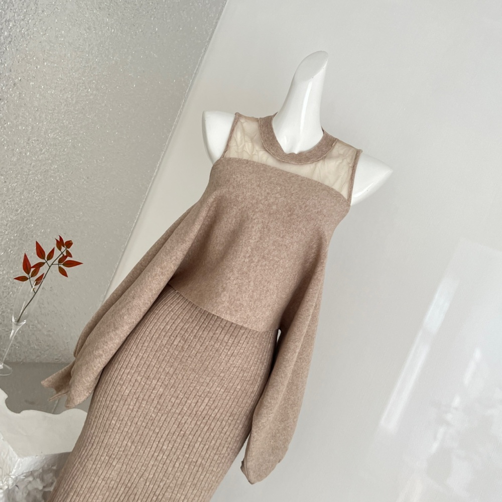 Knitted sleeveless vest frenum smock 2pcs set