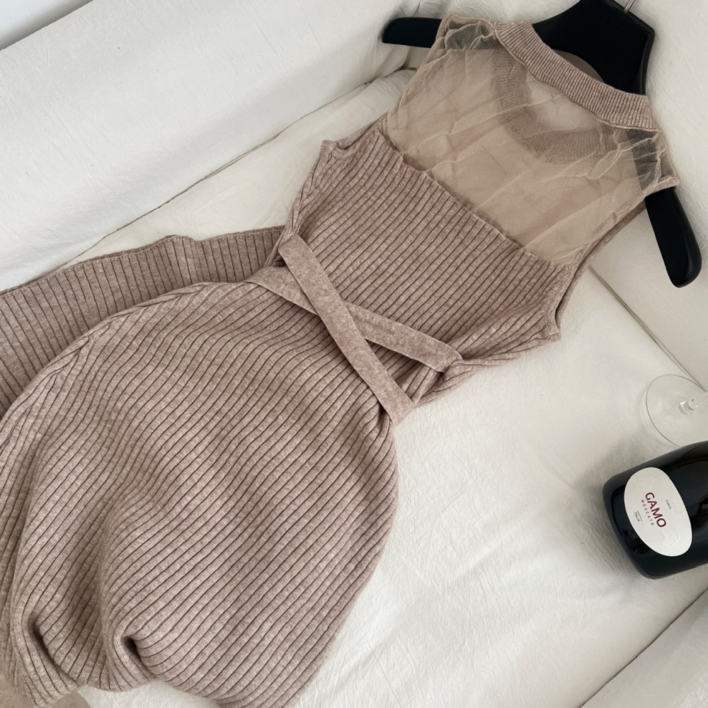 Knitted sleeveless vest frenum smock 2pcs set