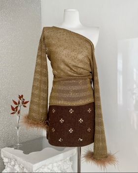 Pink sloping shoulder skirt enticement tops a set for women