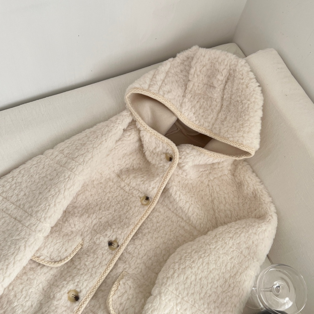 Hooded long fur coat lambs wool coat