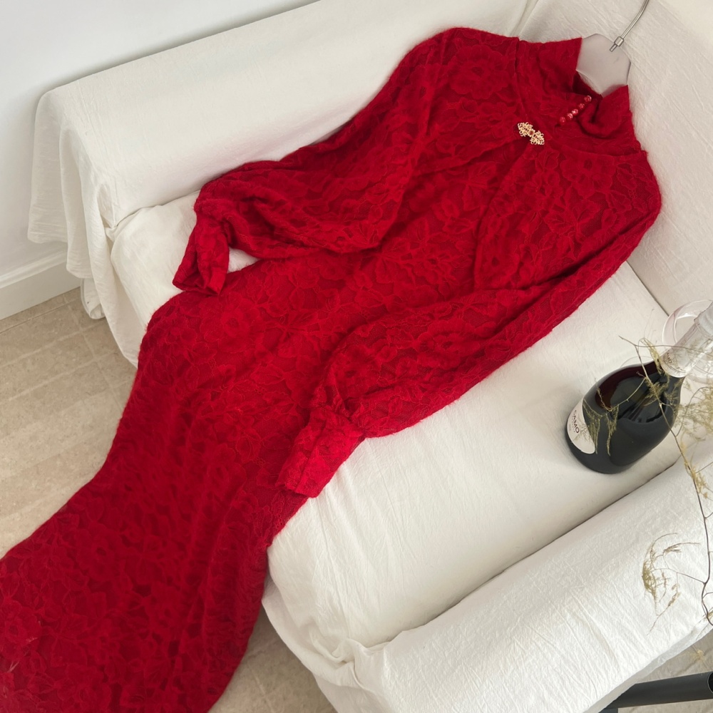 Plus velvet lace dress lapel cstand collar cheongsam a set